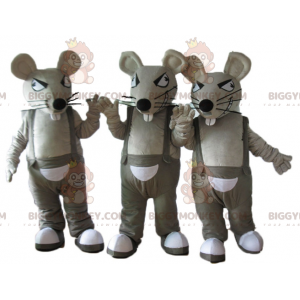 3 BIGGYMONKEY™s mascot gray and white rats in overalls –